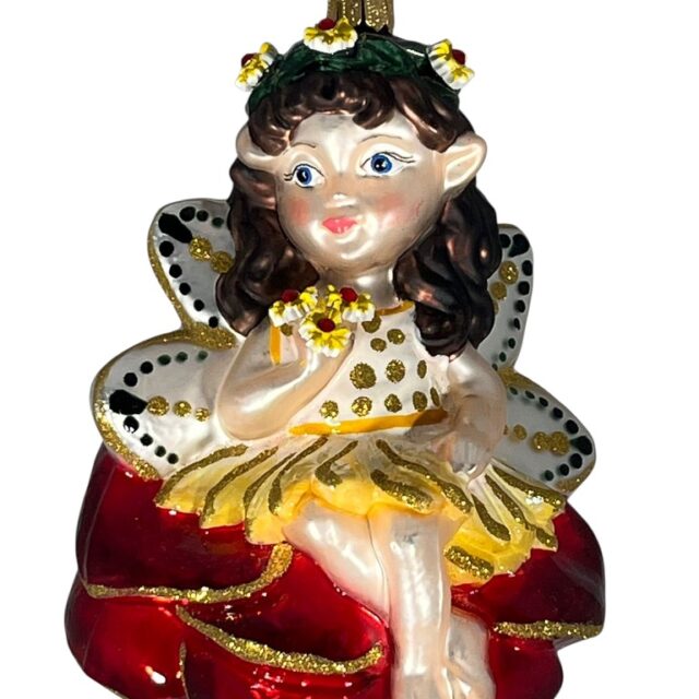 Yellow baby flower fairy is enjoying life on a red flower, she is eager to embelish your chrsitmas tree with her precense she wants to shine, glass ornament, chrsitmas decoration, kerstversiering, kerstboom, santa claus, xmas deco, christmastoys