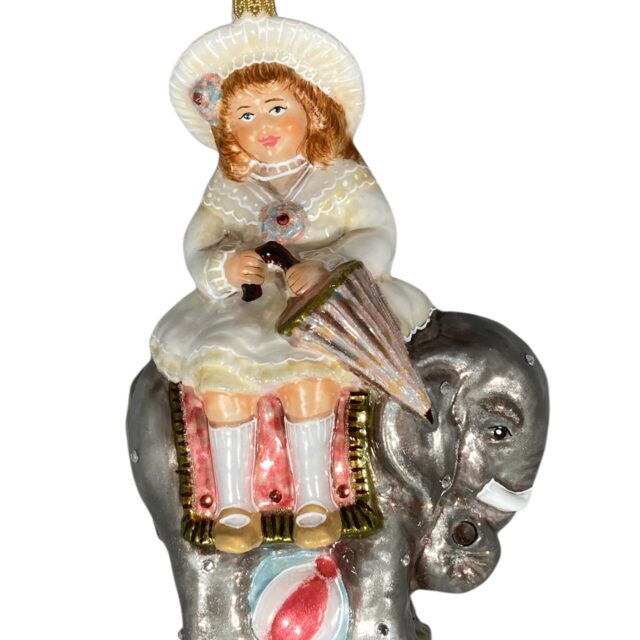 Laura with her favorite animal her elephant ready to embellish your christmas tree, animal, dier, victorian atmosphere, glass ornament, kerstversiering; kerstboomm, Santa claus