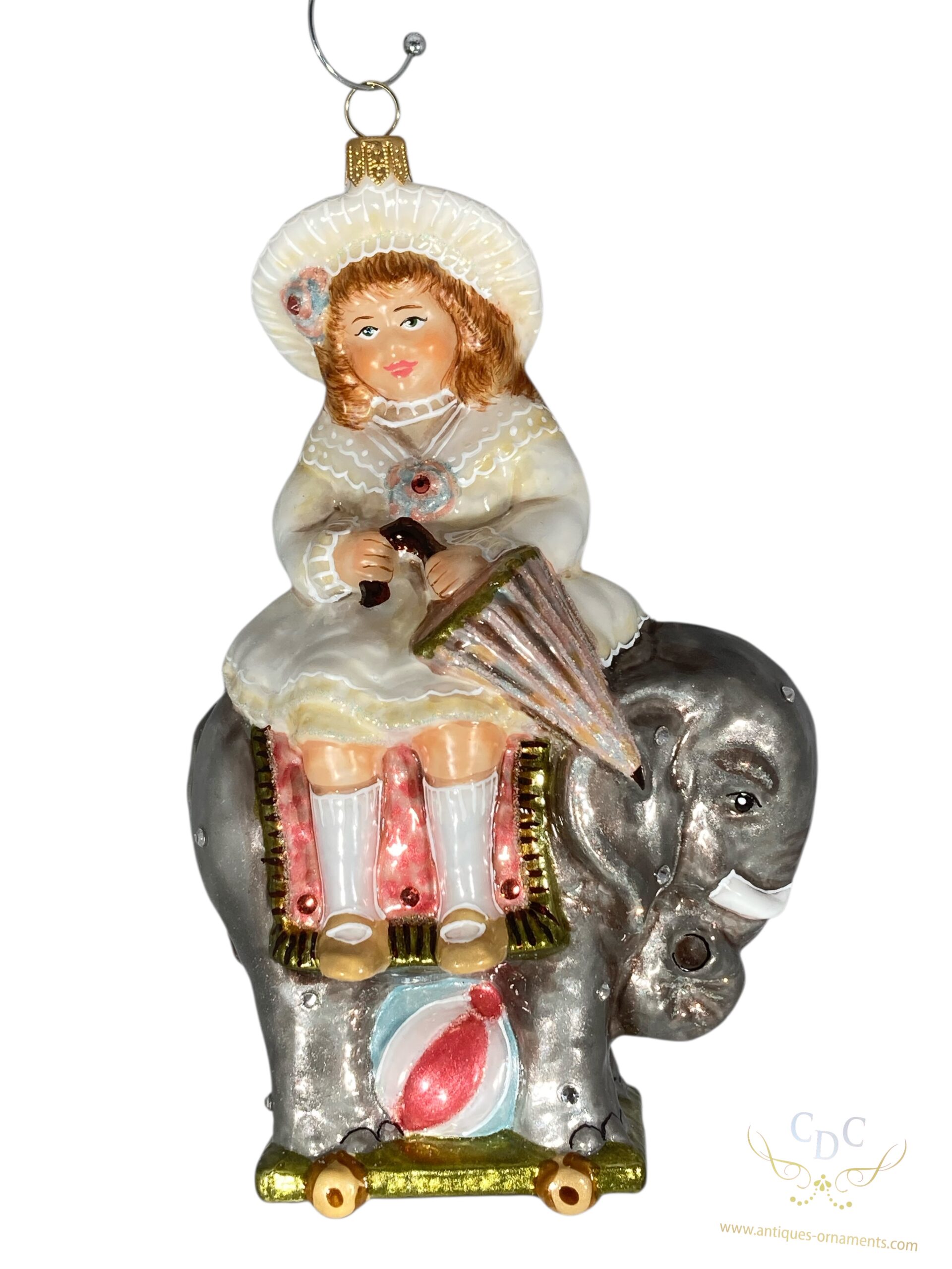 Laura with her favorite animal her elephant ready to embellish your christmas tree, animal, dier, victorian atmosphere, glass ornament, kerstversiering; kerstboomm, Santa claus